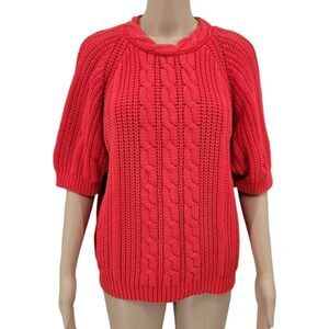 Crystal Sportswear Women's Coral Red Cable Knit Short Sleeve Sweater